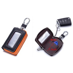 Genuine Leather Smart Car Key Case Chrome-plated Holder Black with Orange Zipper