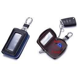 Genuine Leather Smart Car Key Case Chrome-plated Holder Black with Royal Blue Zipper