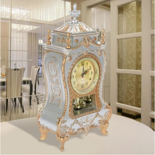 Antique Style Desk Clock with 12 Music Hourly Chiming Clock Height 28.5cm White Silver- No DC