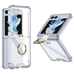 Z Flip 7 Transparent Hybrid Shock Proof Case with Gold Finger Ring - No DC